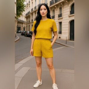 Top and Shorts Set Women Size Medium Mustard Yellow Knitted Cropped High Waisted